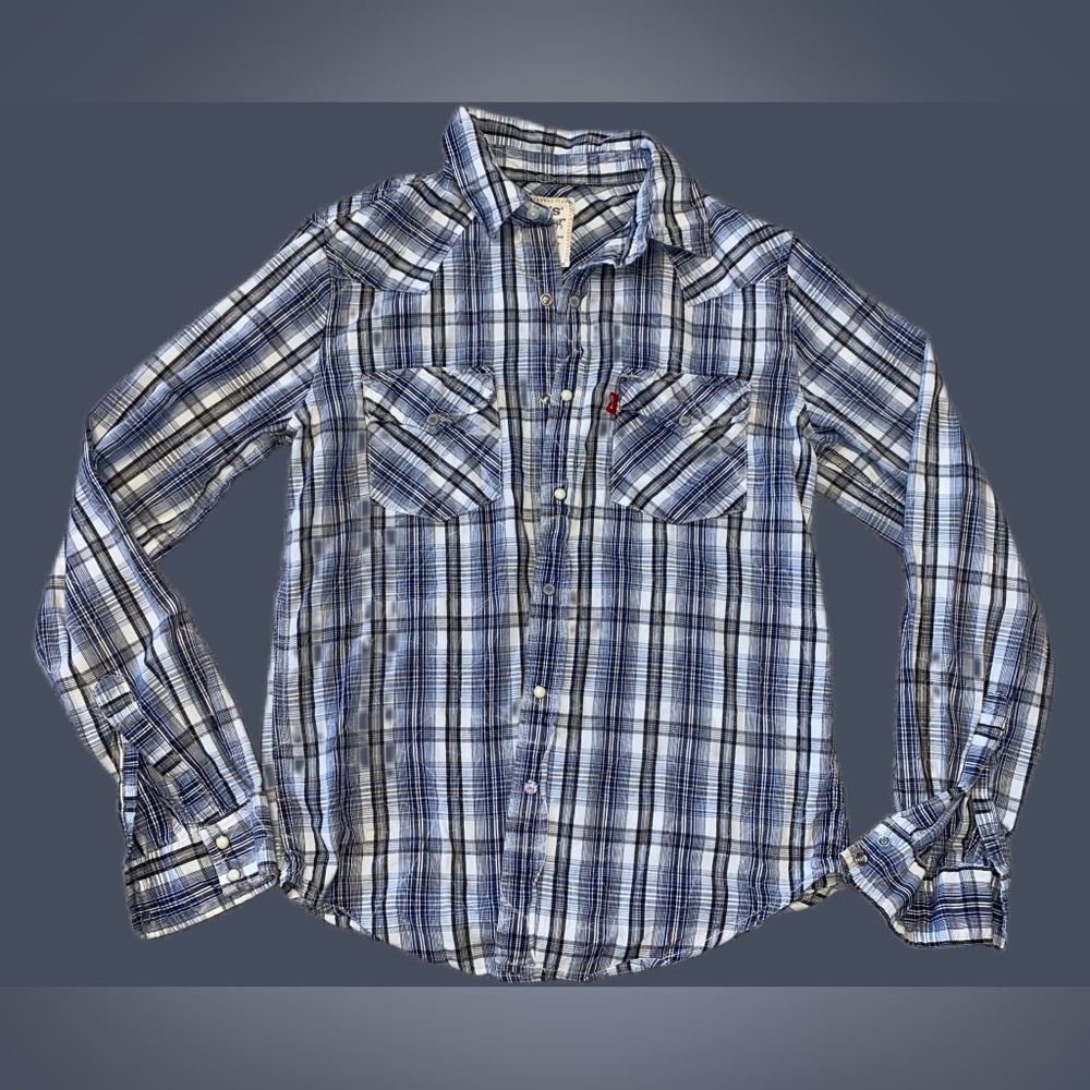 Levi's Navy White Plaid Pearl Snap Western Cowboy Shirt S Factory Distressed